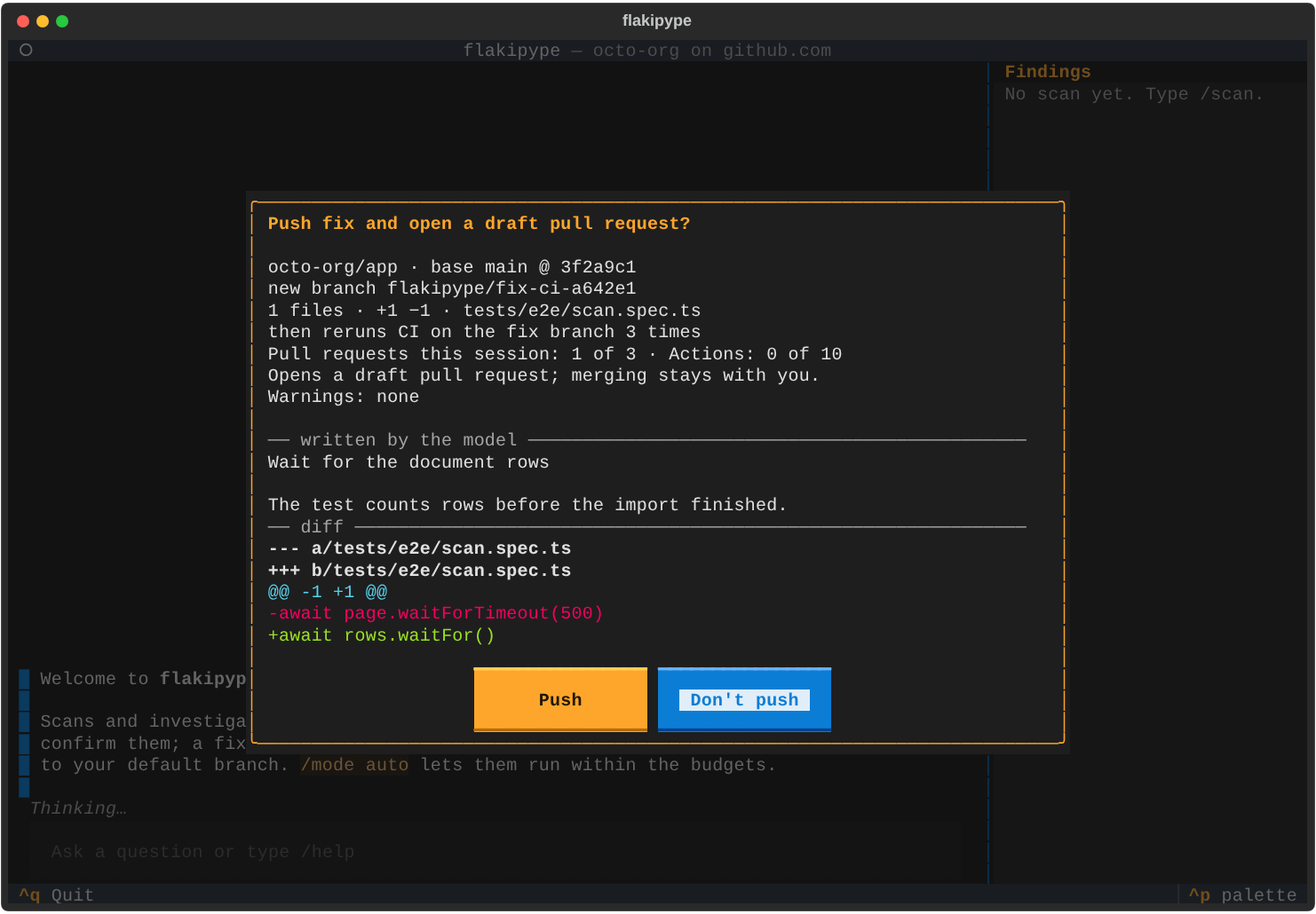 Die Bestätigung, bevor eine Korrektur gepusht wird: Repository, Branch und Budgets aus dem Code, die Erklärung des Modells und der vollständige Diff, mit den Buttons „Push“ und „Don't push“.